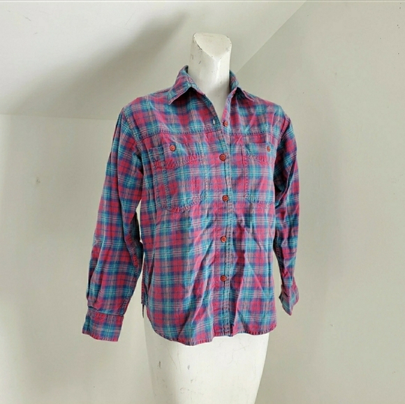 Company One Tops - 90s Vintage Pink & Blue Plaid Button Front Shirt